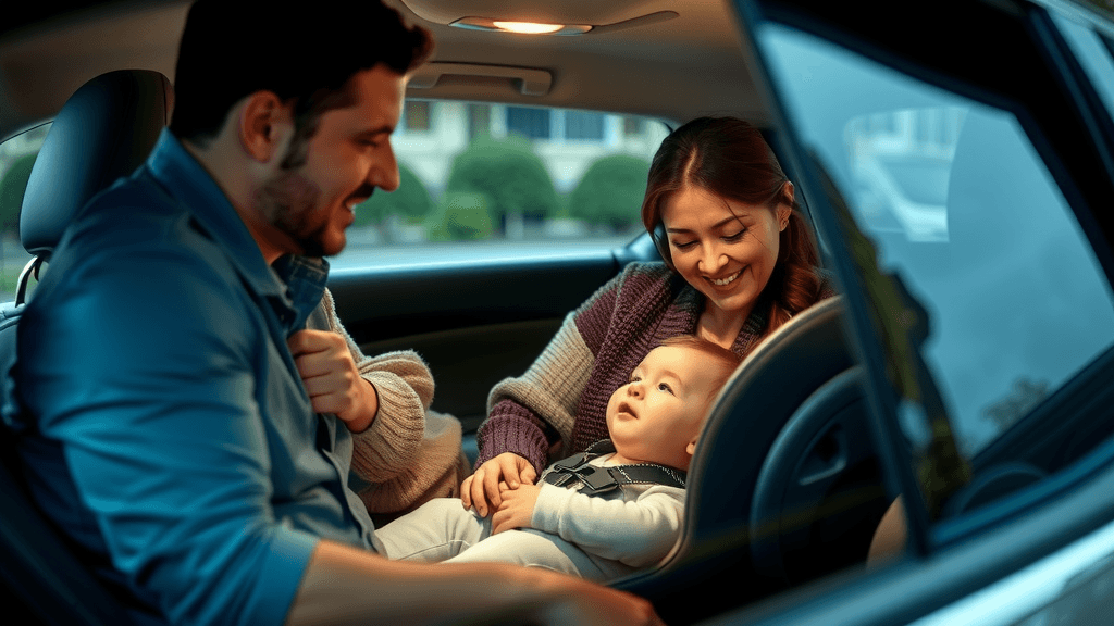 Padres con bebe en coche